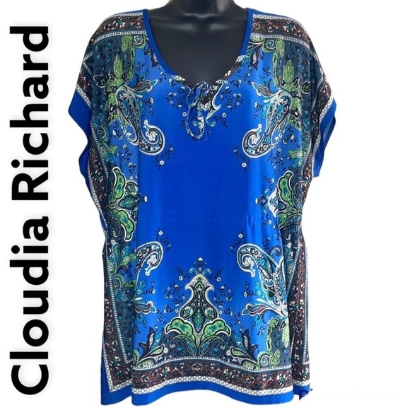 Claudia Richard Blue Floral Print Short Sleeve Women’s Blouse - Picture 1 of 12